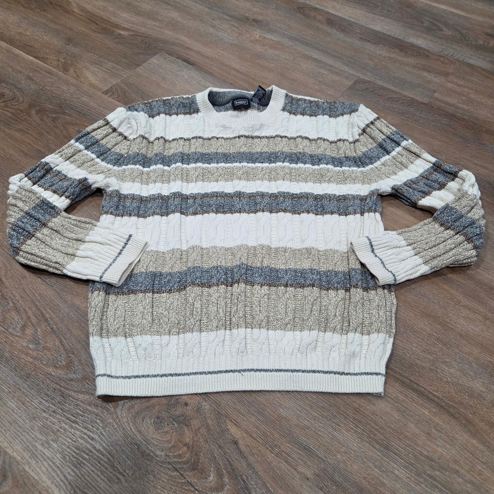 Haggar Mens XL Crewneck Sweater Cable Knit Striped Tan Grey Cotton Pullover